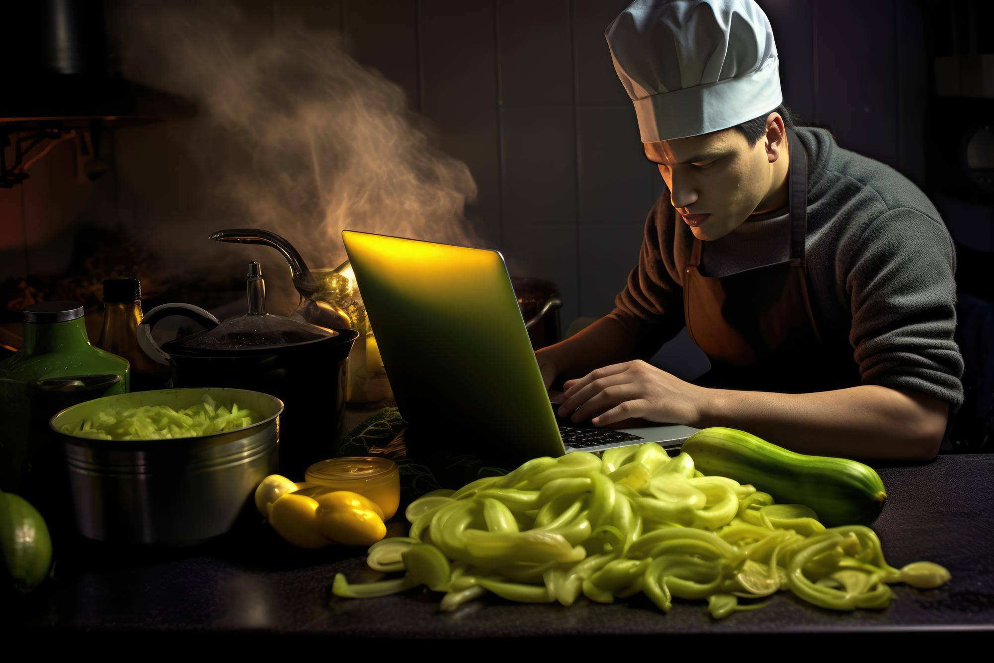 Chef in cucina con laptop e strumenti moderni